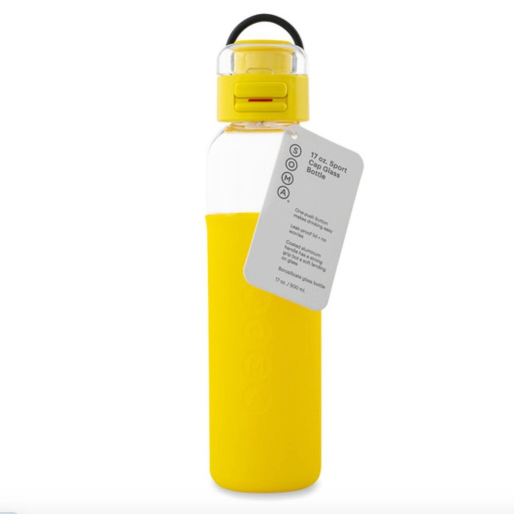 SOMA Glass Water Bottle with Sport Cap, Yellow